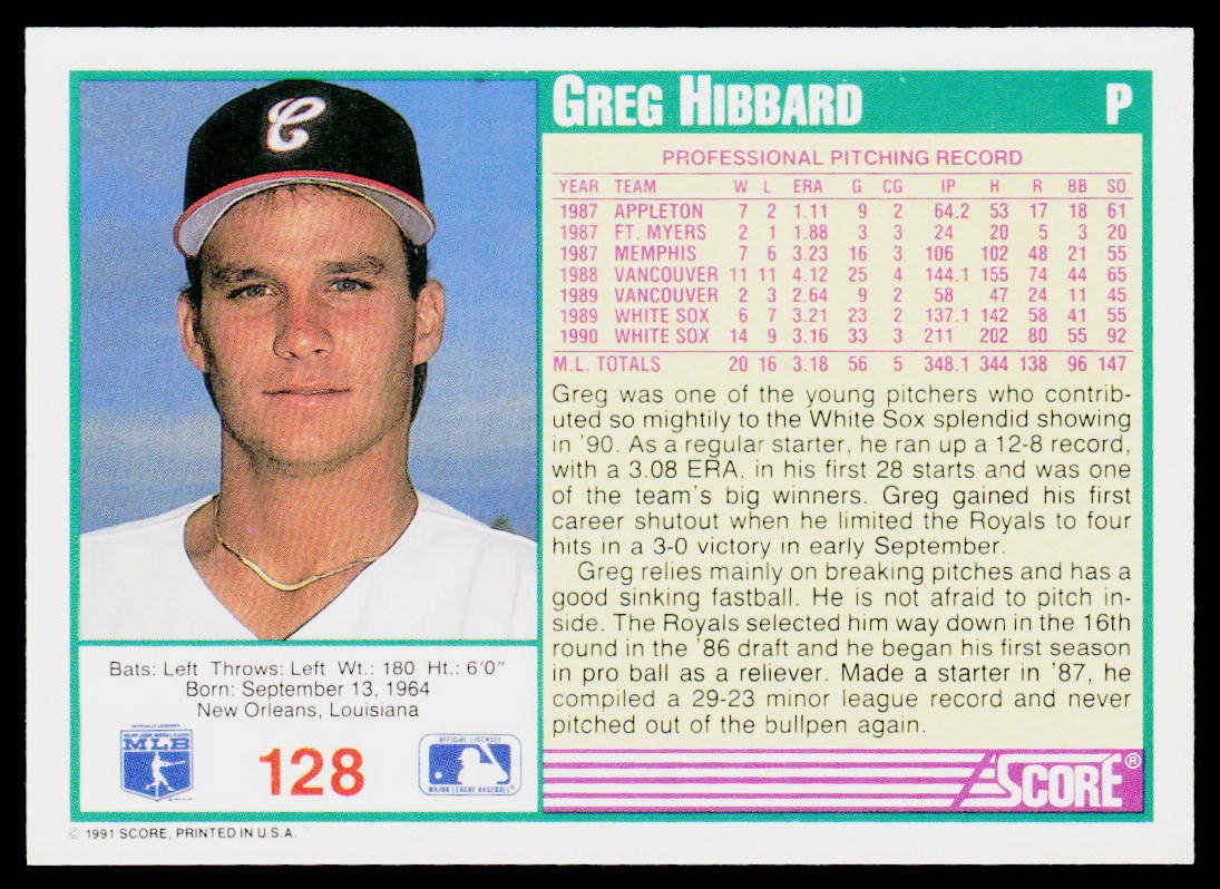 Greg Hibbard 1991 Score Promos #128 Chicago White Sox