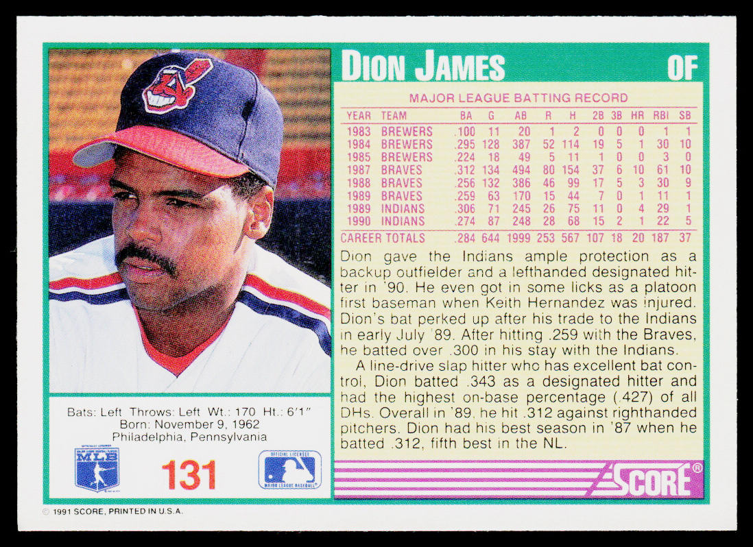 Dion James 1991 Score #131 Cleveland Indians