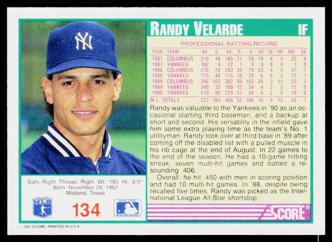 Randy Velarde 1991 Score Promos #134 New York Yankees