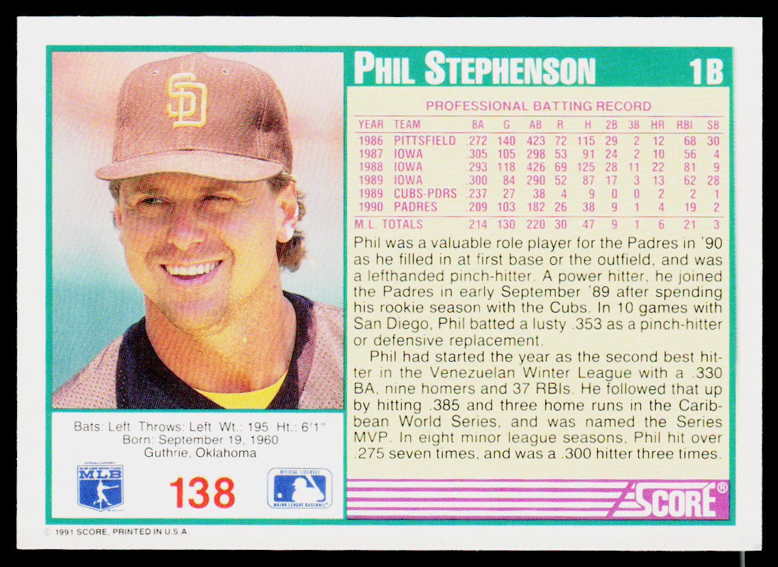 Phil Stephenson 1991 Score Promos #138 San Diego Padres