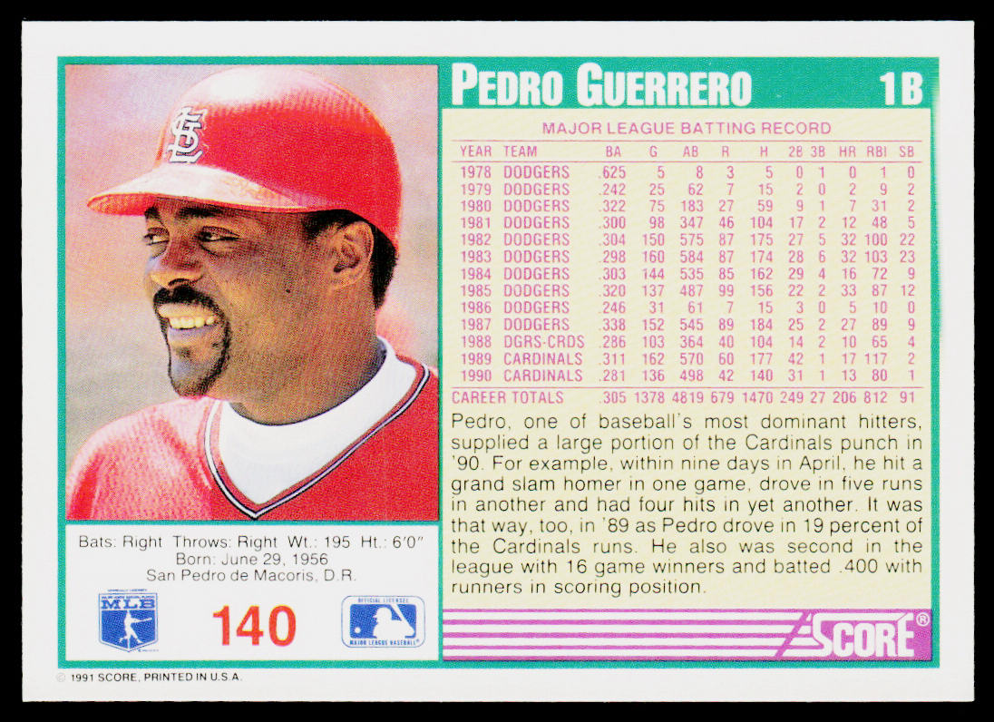 Pedro Guerrero 1991 Score #140 St. Louis Cardinals