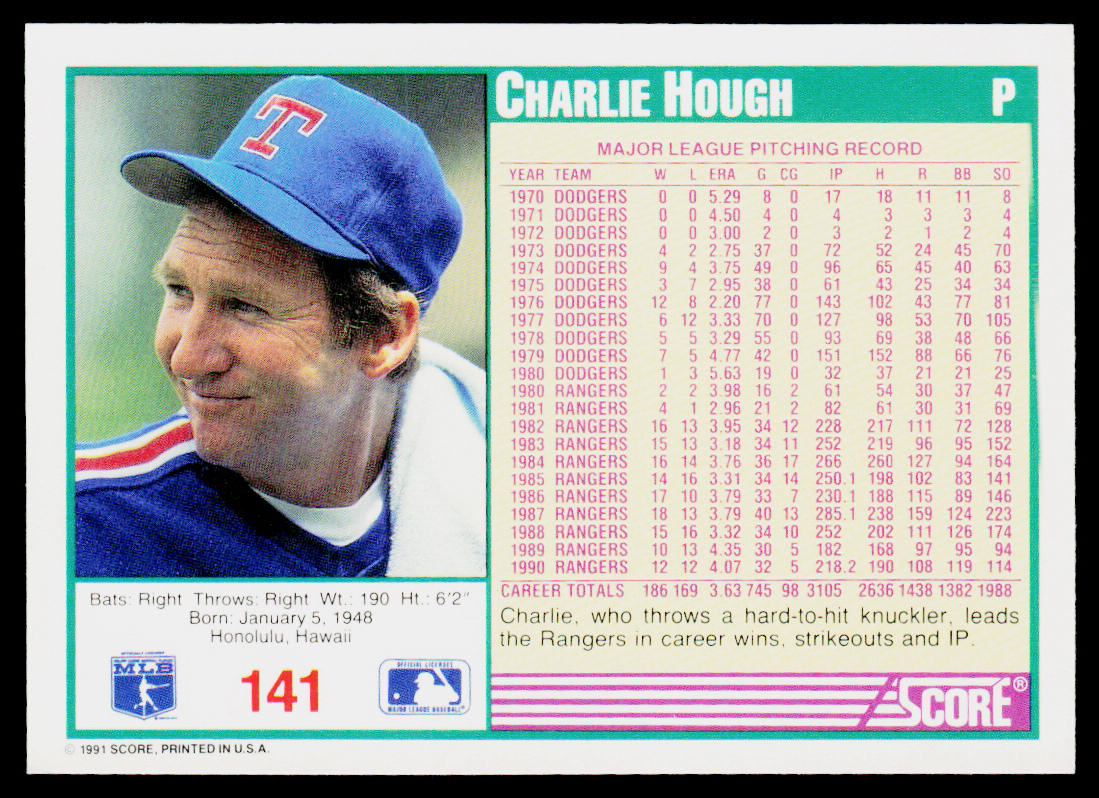 Charlie Hough 1991 Score #141 Texas Rangers