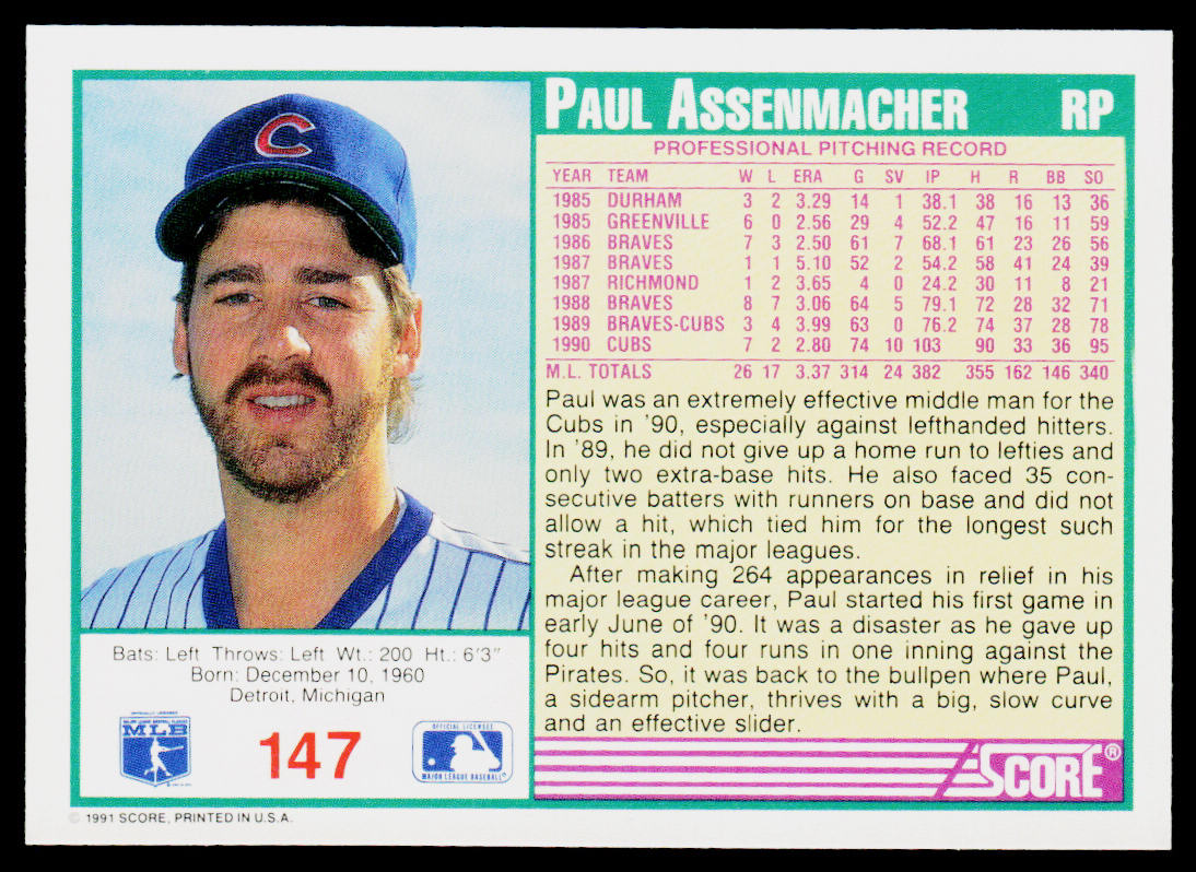Paul Assenmacher 1991 Score #147 Chicago Cubs