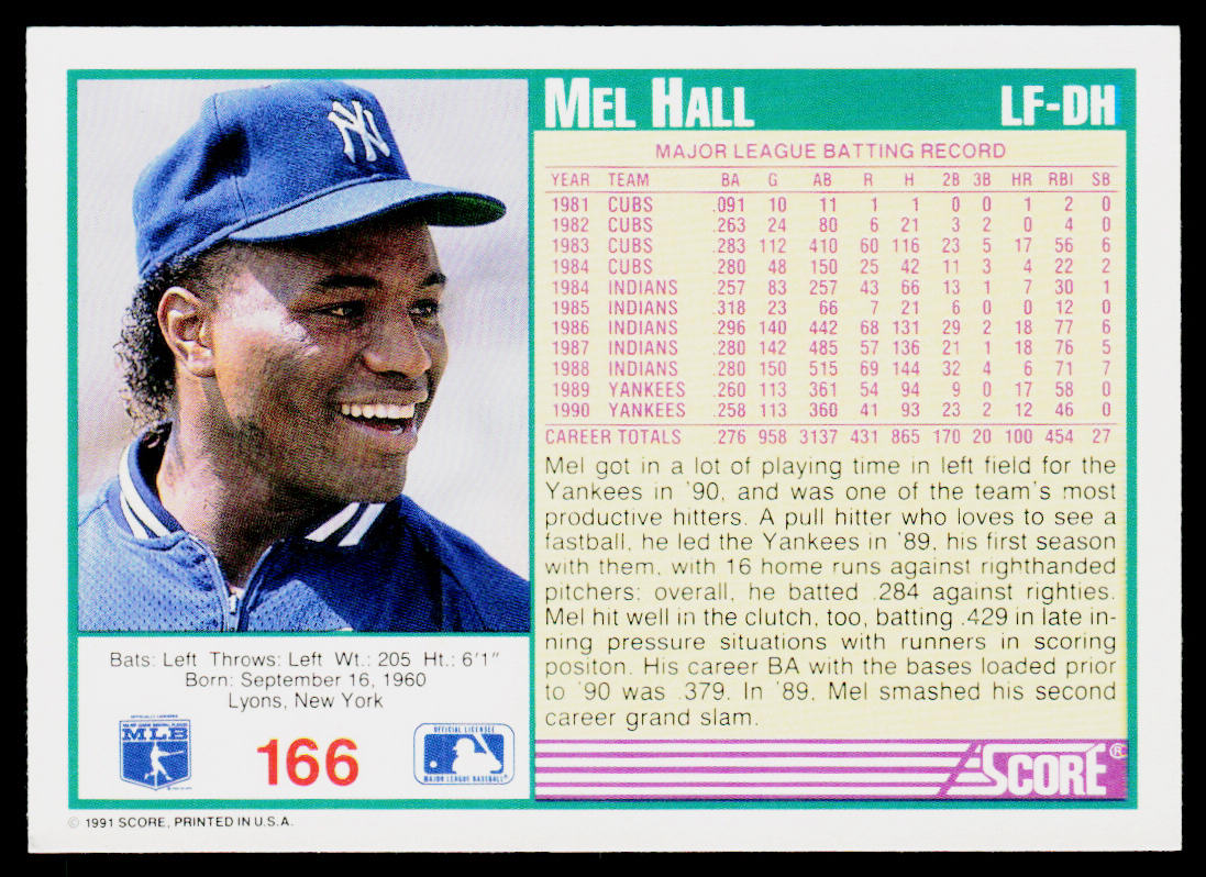 Mel Hall 1991 Score #166 New York Yankees