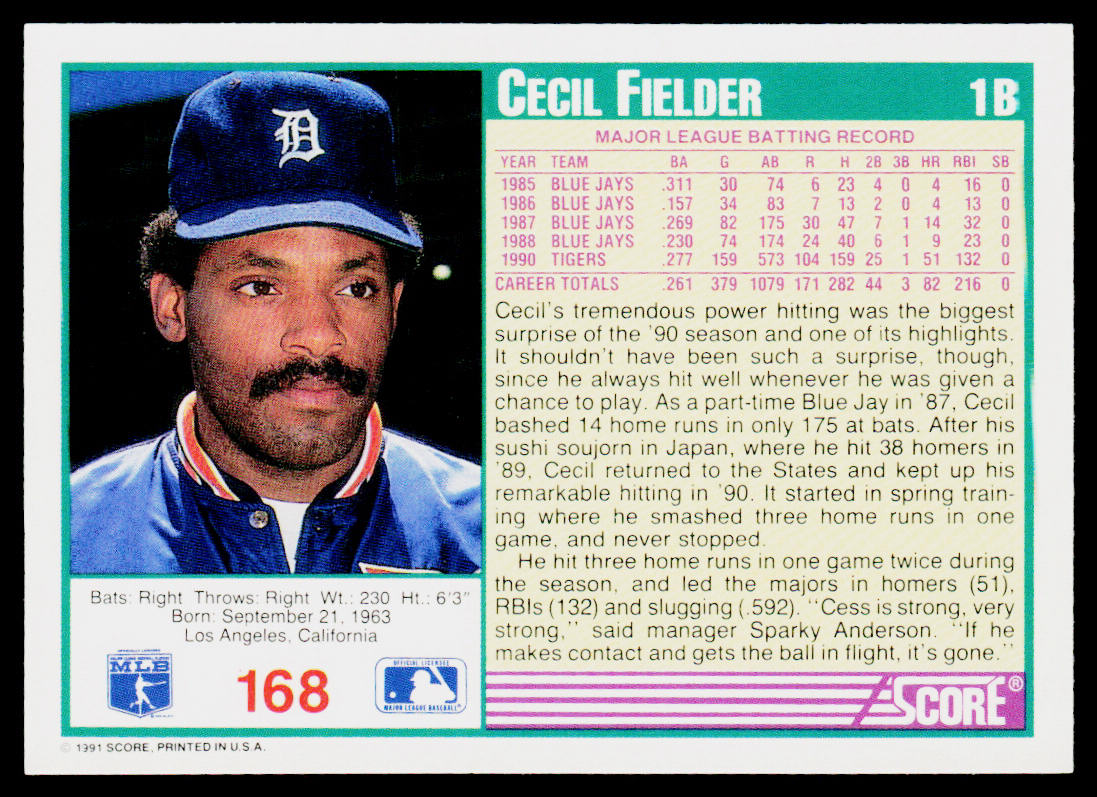 Cecil Fielder 1991 Score #168 Detroit Tigers