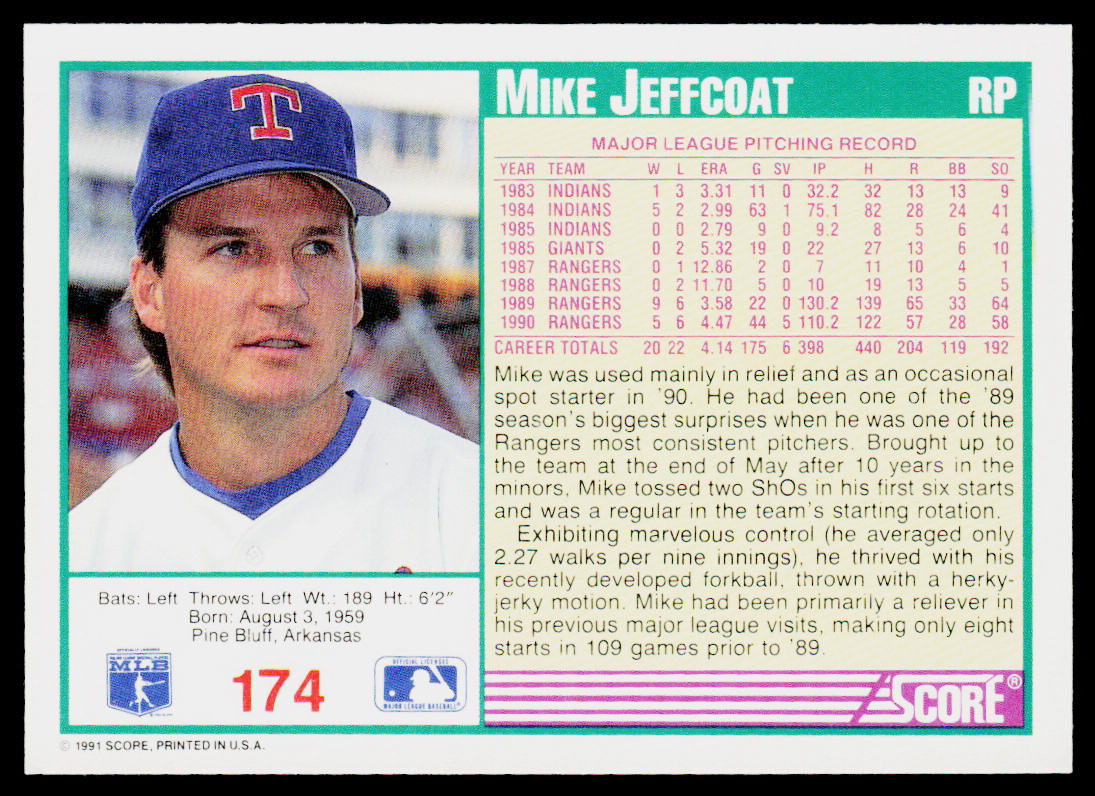 Mike Jeffcoat 1991 Score #174 Texas Rangers
