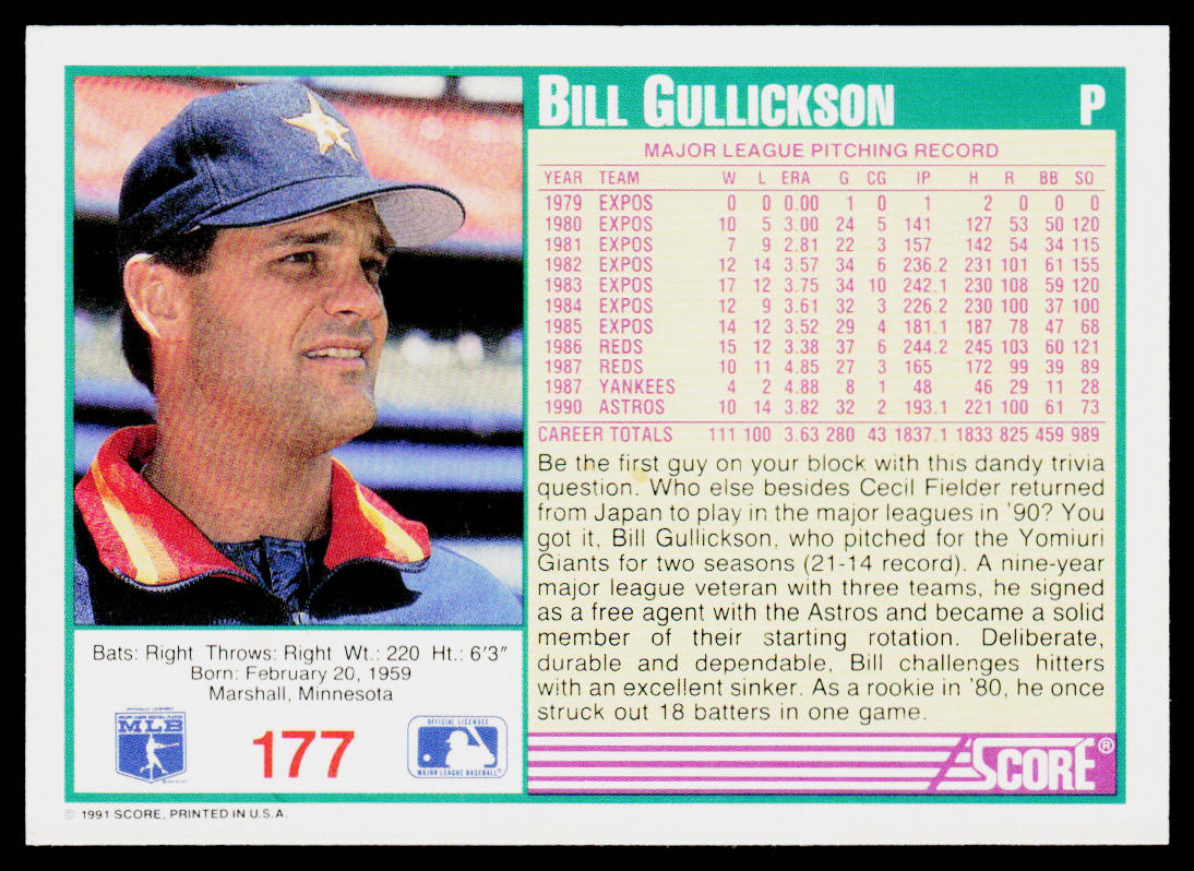 Bill Gullickson 1991 Score #177 Houston Astros