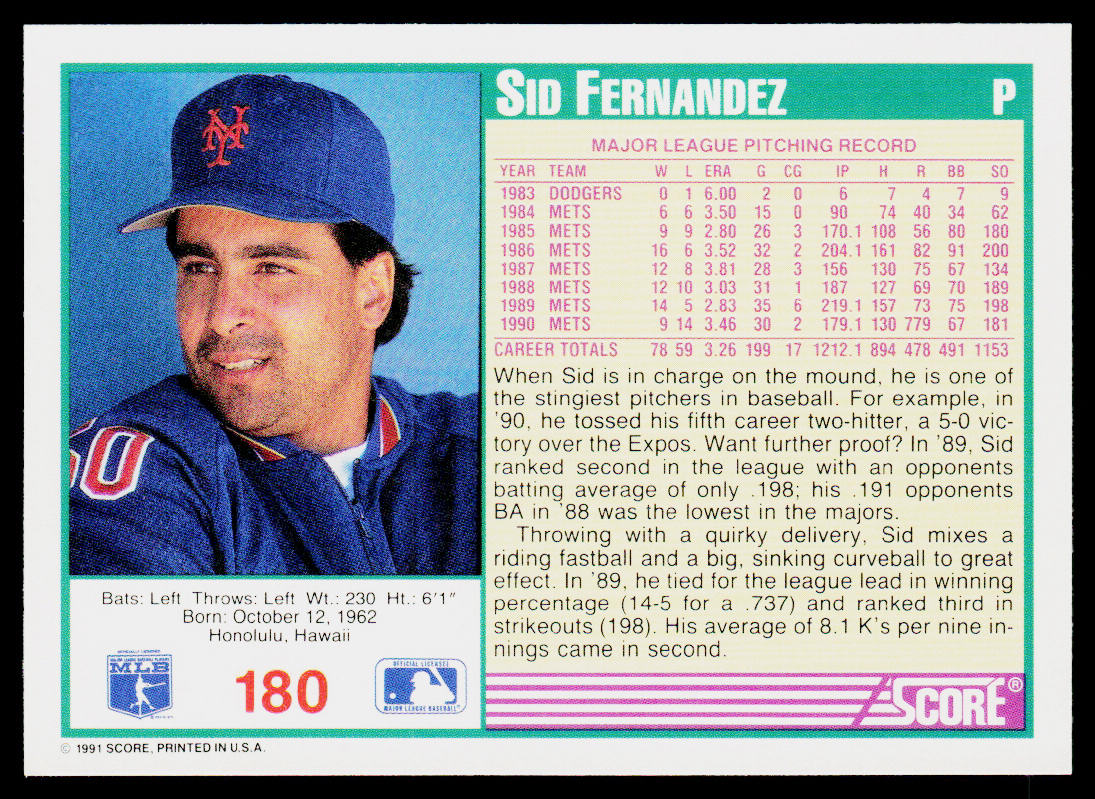 Sid Fernandez 1991 Score Promos #180 New York Mets