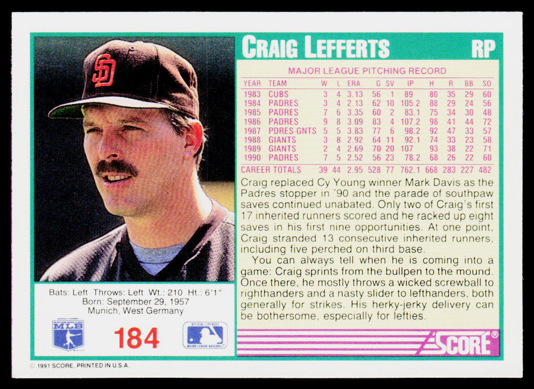 Craig Lefferts 1991 Score #184 San Diego Padres