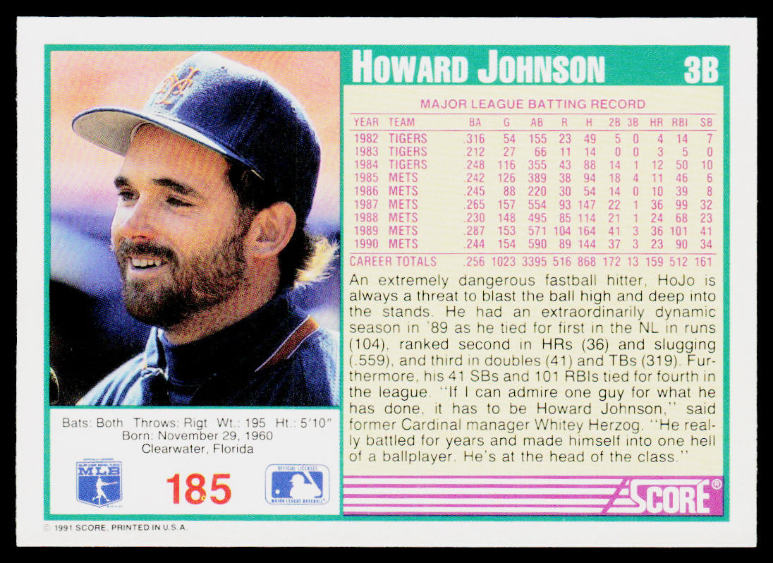 Howard Johnson 1991 Score #185 New York Mets