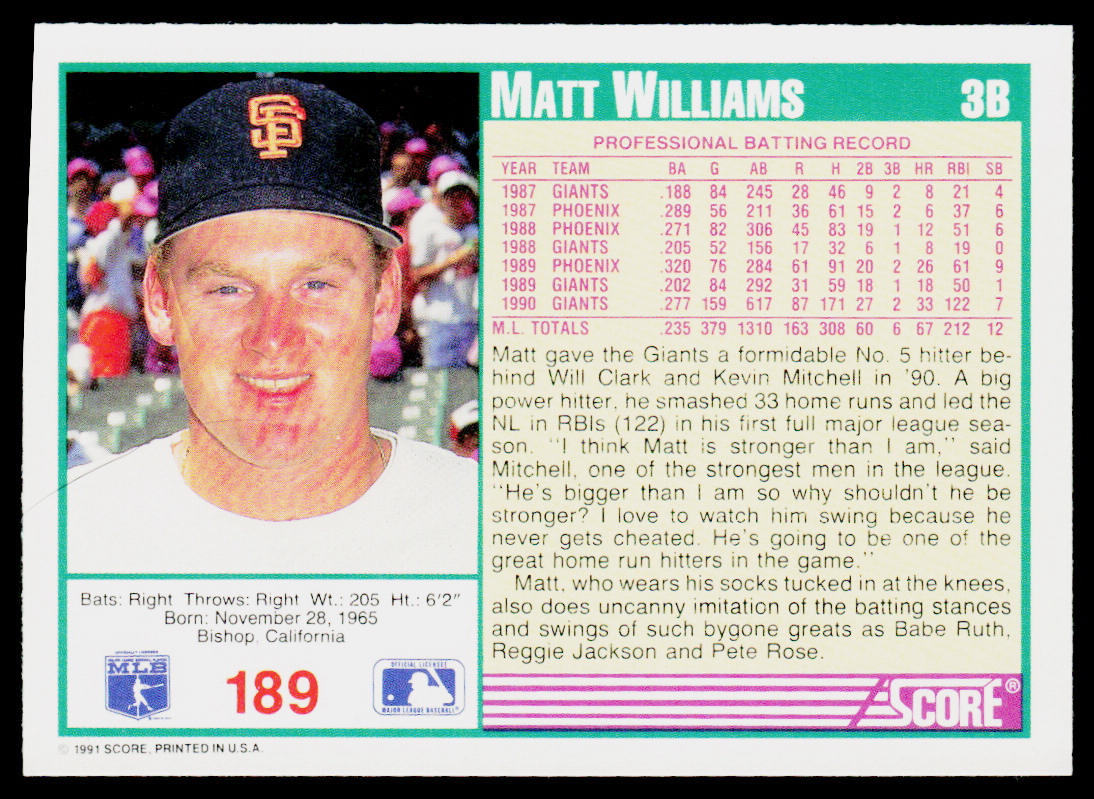 Matt Williams 1991 Score #189 San Francisco Giants