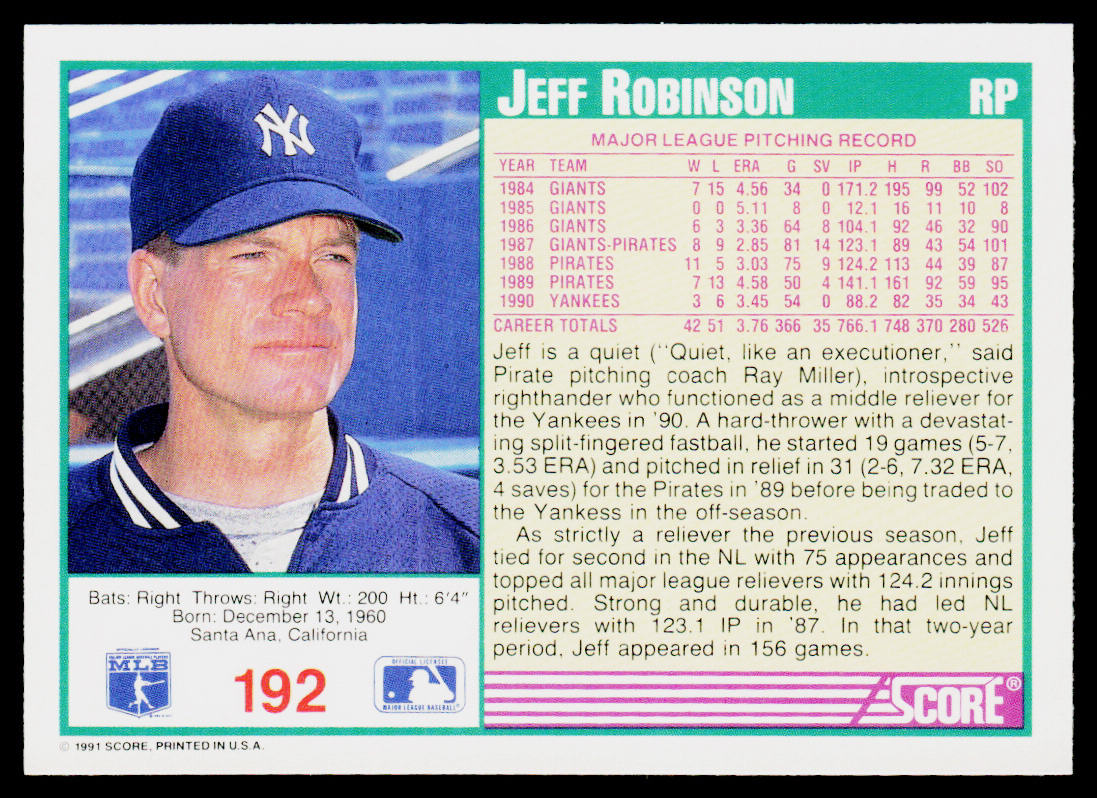 Jeff Robinson 1991 Score #192 New York Yankees
