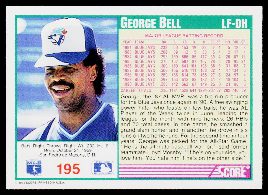 George Bell 1991 Score #195 Toronto Blue Jays
