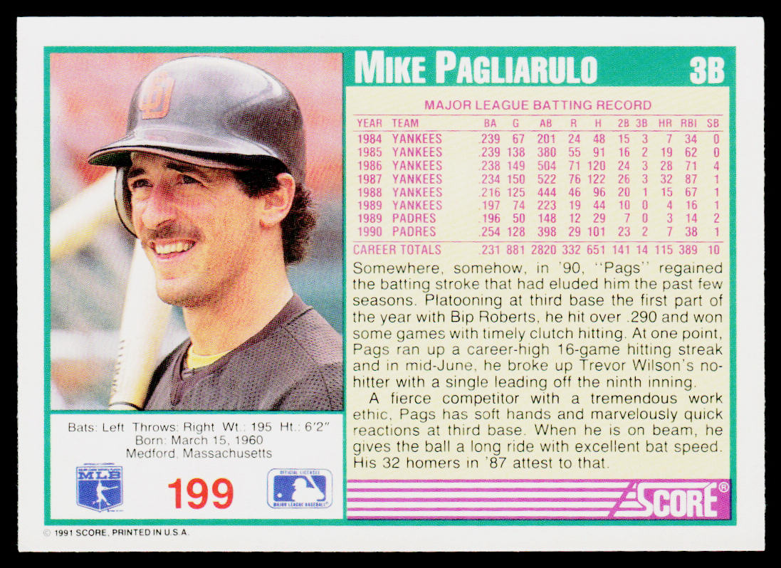 Mike Pagliarulo 1991 Score Promos #199 San Diego Padres