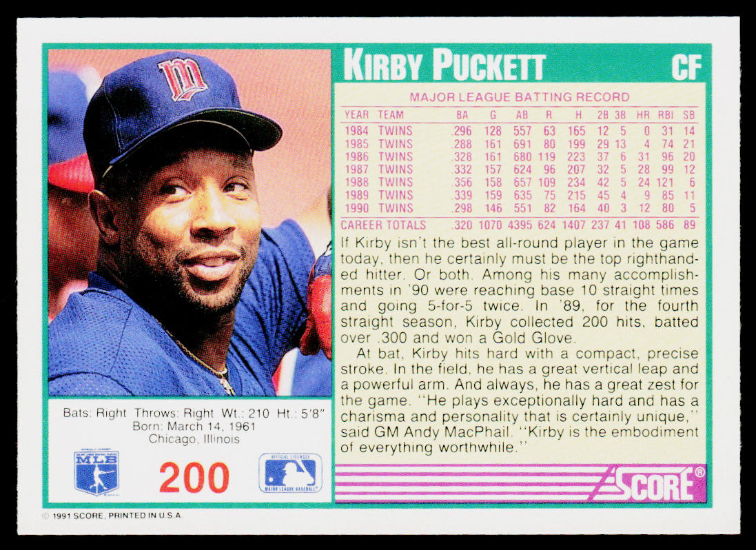 Kirby Puckett 1991 Score Promos #200 Minnesota Twins