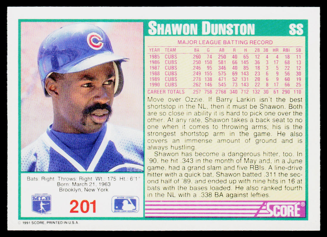 Shawon Dunston 1991 Score #201 Chicago Cubs