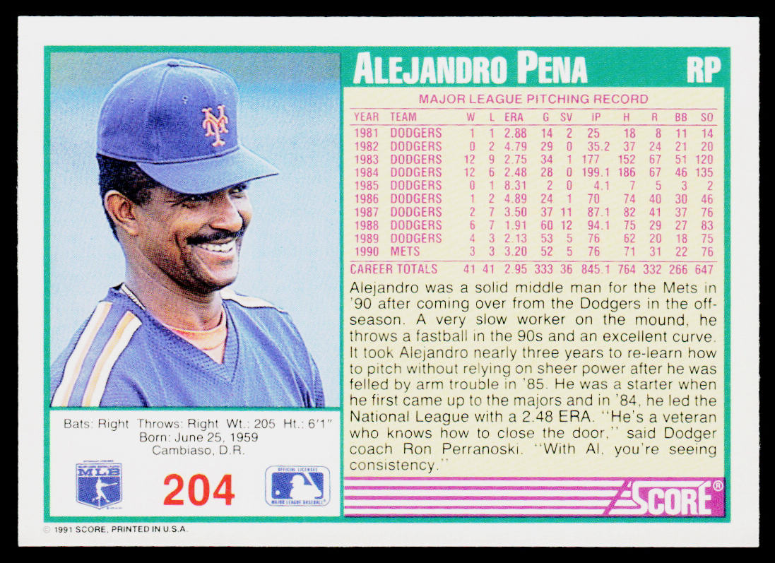 Alejandro Pena 1991 Score #204 New York Mets
