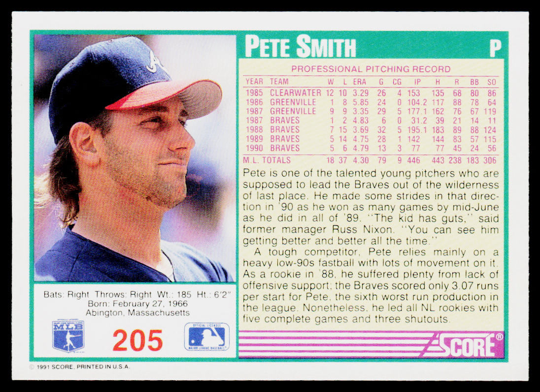 Pete Smith 1991 Score #205 Atlanta Braves