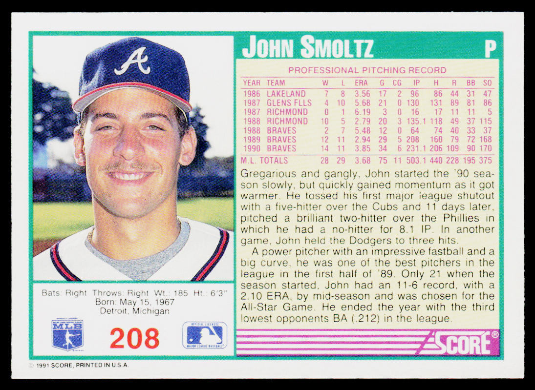John Smoltz 1991 Score #208 Atlanta Braves