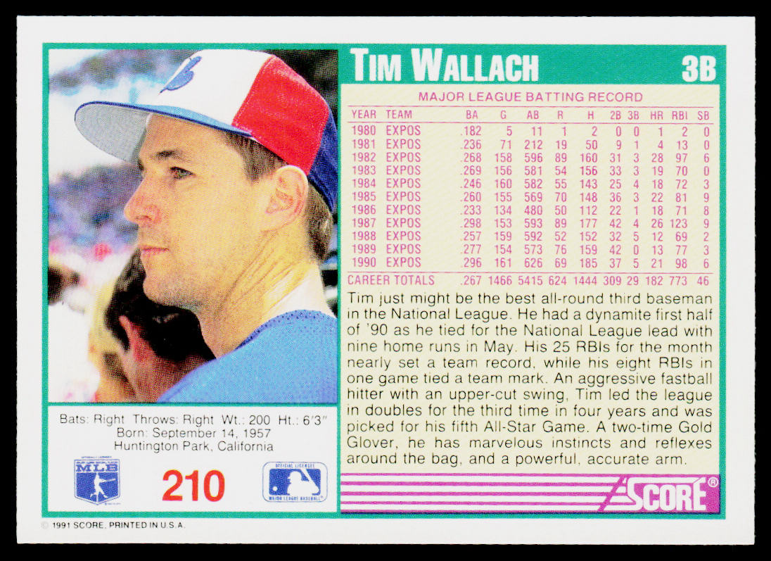 Tim Wallach 1991 Score #210 Montreal Expos