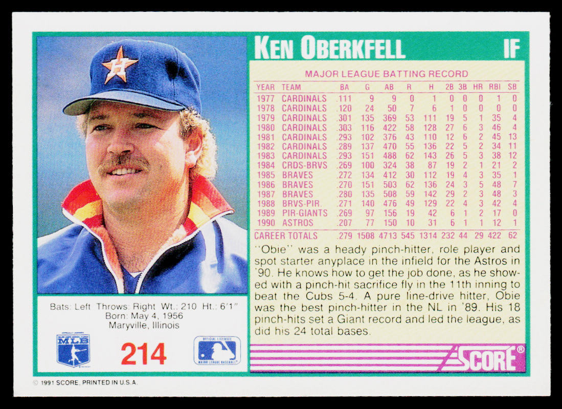 Ken Oberkfell 1991 Score #214 Houston Astros