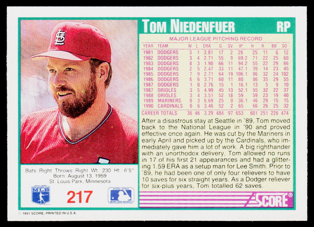 Tom Niedenfuer 1991 Score #217 St. Louis Cardinals