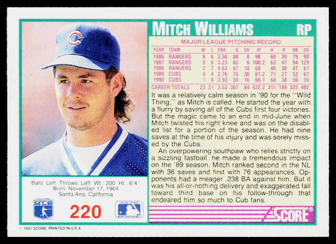 Mitch Williams 1991 Score #220 Chicago Cubs
