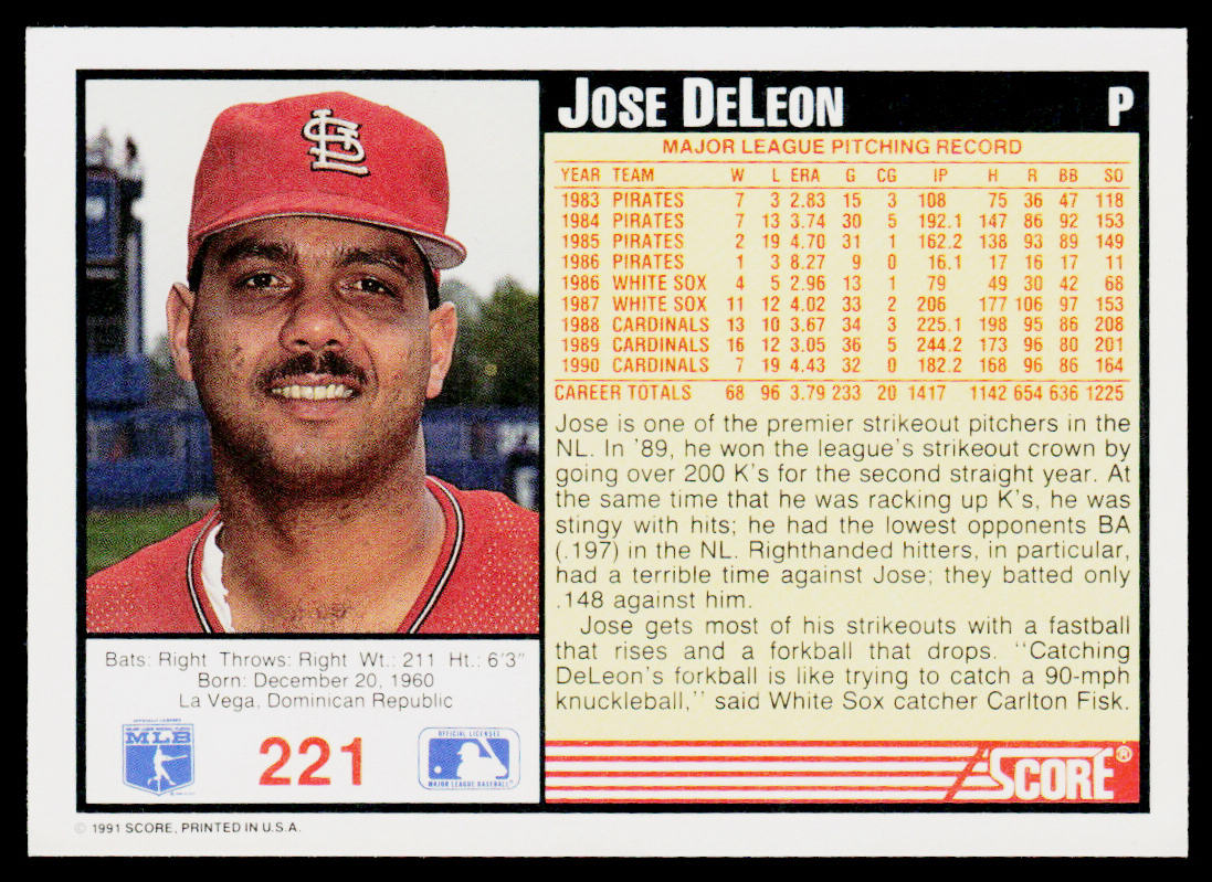 Jose DeLeon 1991 Score #221 St. Louis Cardinals