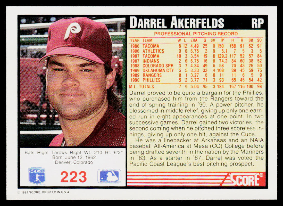 Darrel Akerfelds 1991 Score #223 Philadelphia Phillies