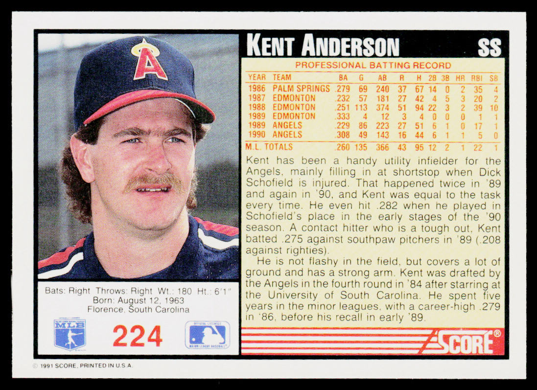 Kent Anderson 1991 Score #224a California Angels