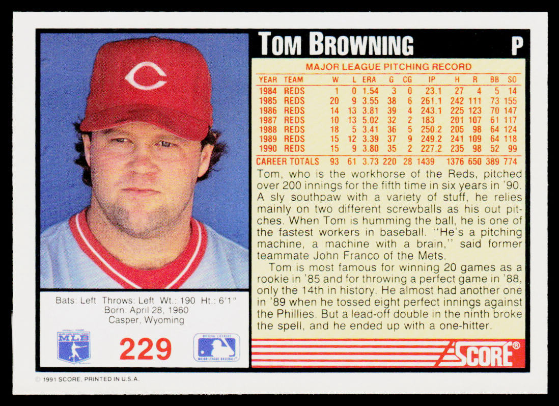 Tom Browning 1991 Score #229 Cincinnati Reds
