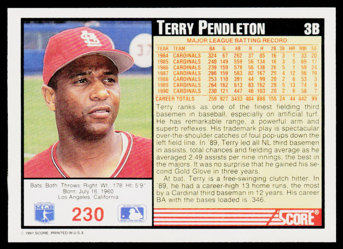 Terry Pendleton 1991 Score #230 St. Louis Cardinals