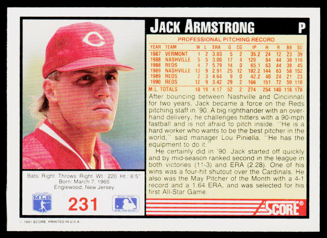 Jack Armstrong 1991 Score #231 Cincinnati Reds