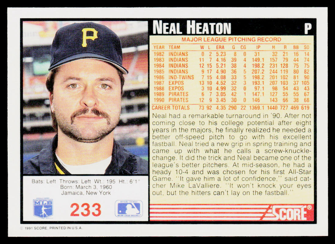 Neal Heaton 1991 Score #233 Pittsburgh Pirates