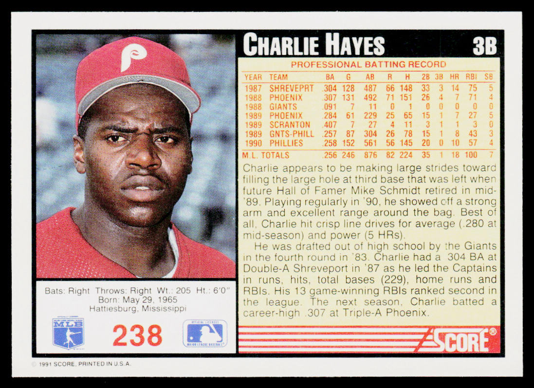 Charlie Hayes 1991 Score #238 Philadelphia Phillies