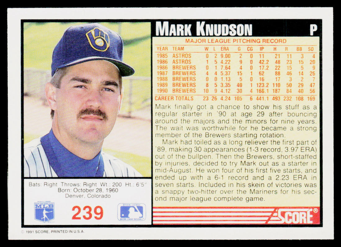 Mark Knudson 1991 Score #239 Milwaukee Brewers