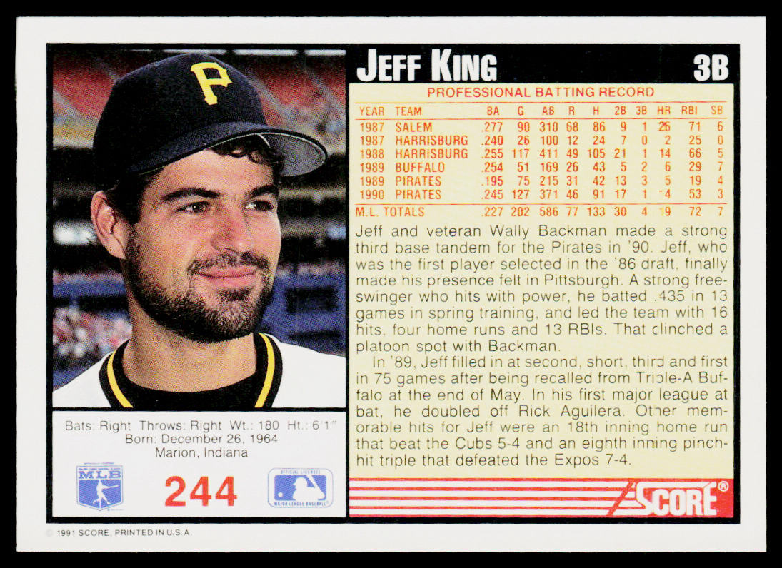 Jeff King 1991 Score #244 Pittsburgh Pirates
