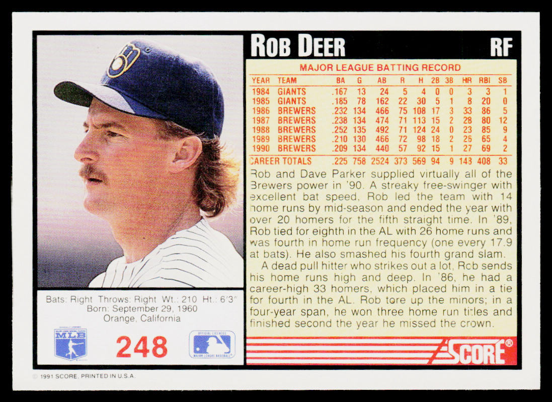 Rob Deer 1991 Score #248 Milwaukee Brewers