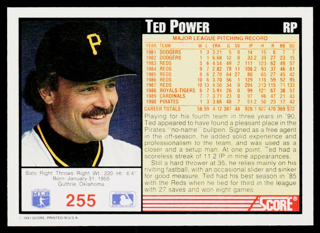 Ted Power 1991 Score #255 Pittsburgh Pirates
