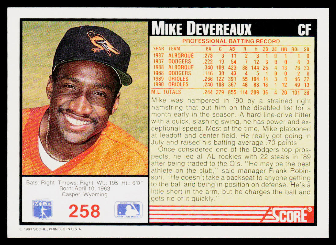 Mike Devereaux 1991 Score #258a Baltimore Orioles
