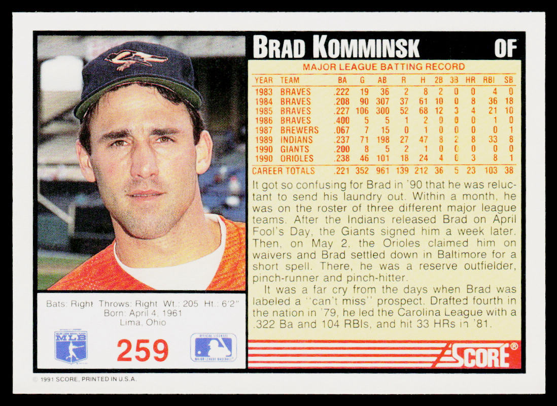 Brad Komminsk 1991 Score #259 Baltimore Orioles