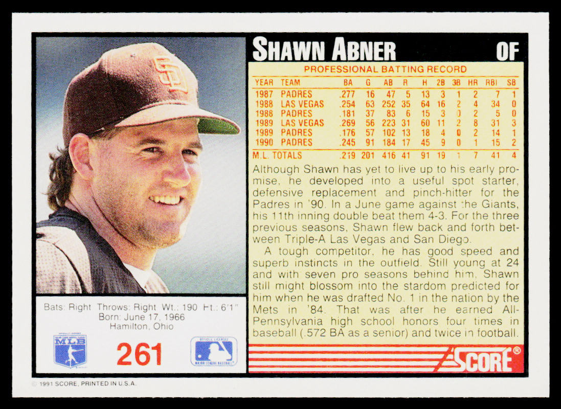 Shawn Abner 1991 Score #261 San Diego Padres