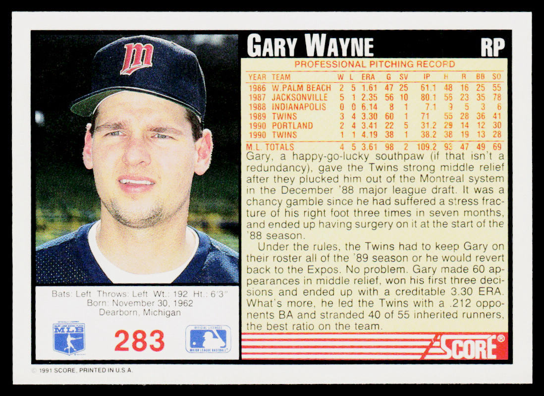 Gary Wayne 1991 Score #283 Minnesota Twins