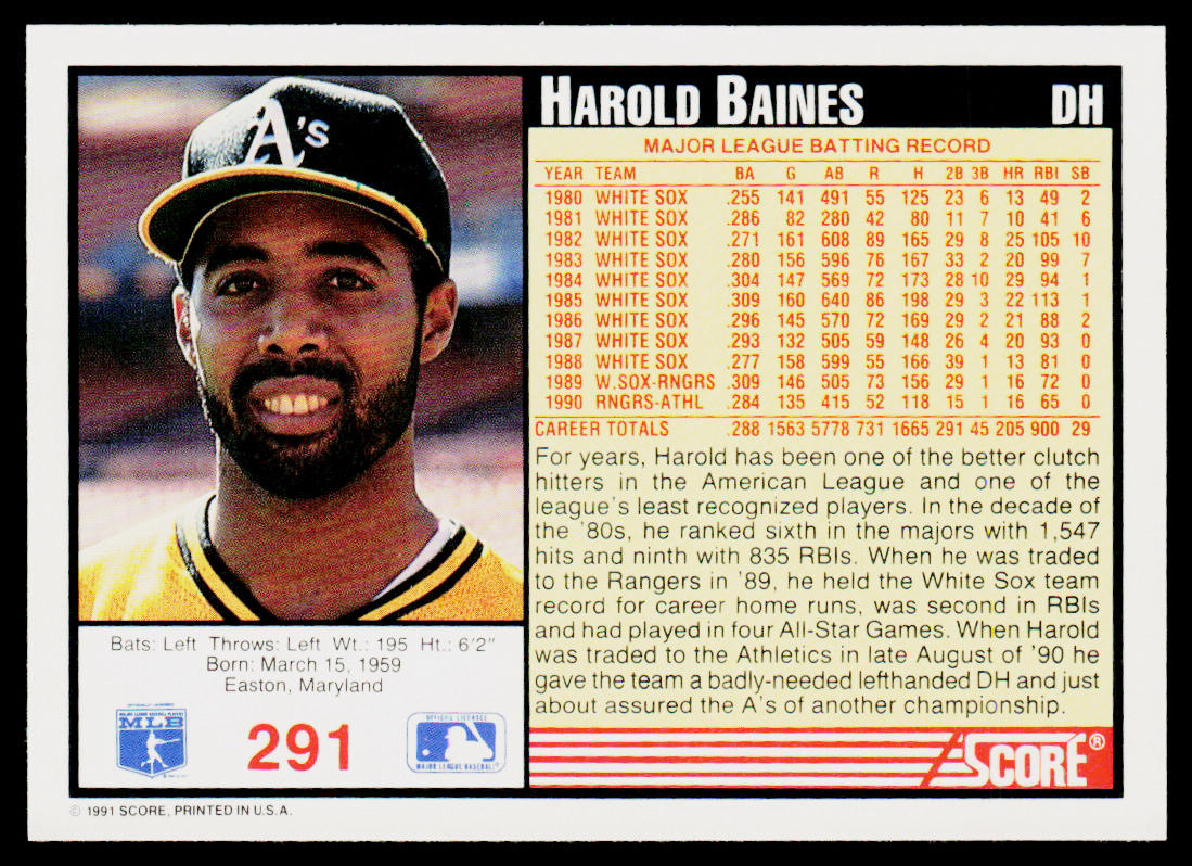 Harold Baines 1991 Score #291 Oakland Athletics