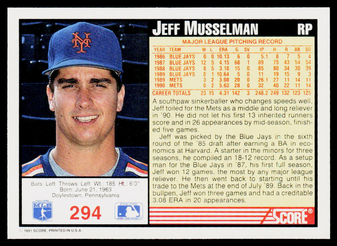 Jeff Musselman 1991 Score #294 New York Mets