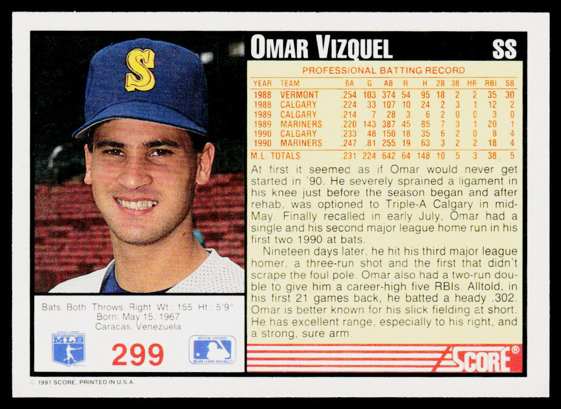 Omar Vizquel 1991 Score #299 Seattle Mariners