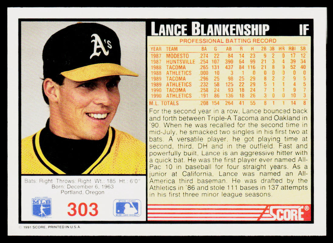 Lance Blankenship 1991 Score #303 Oakland Athletics