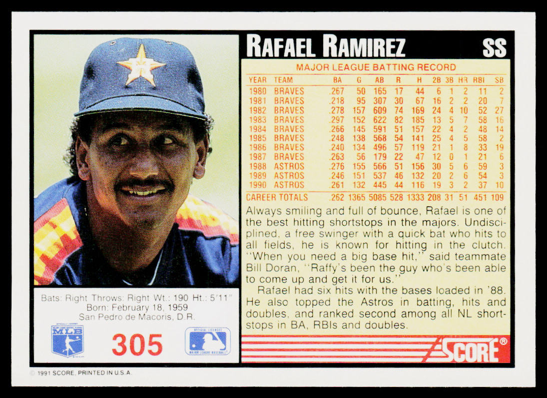 Rafael Ramirez 1991 Score #305 Houston Astros