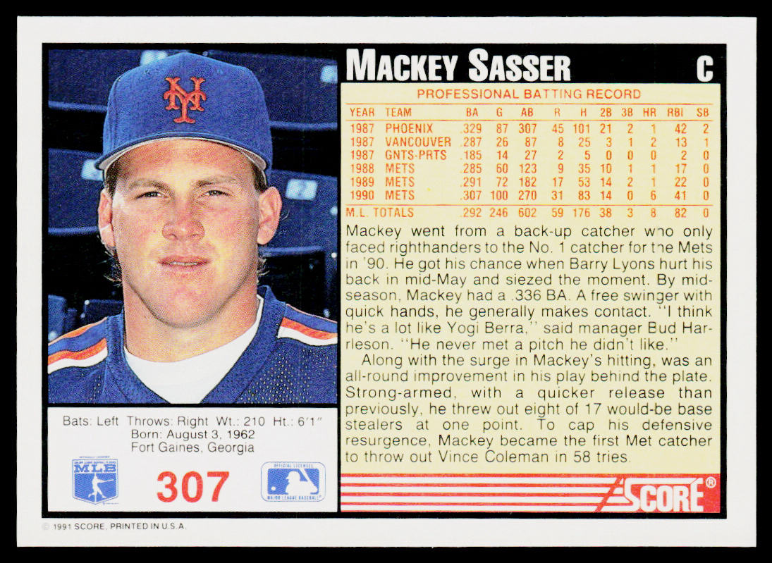 Mackey Sasser 1991 Score #307 New York Mets