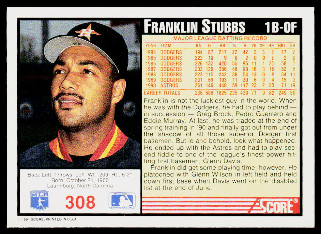 Franklin Stubbs 1991 Score #308 Houston Astros